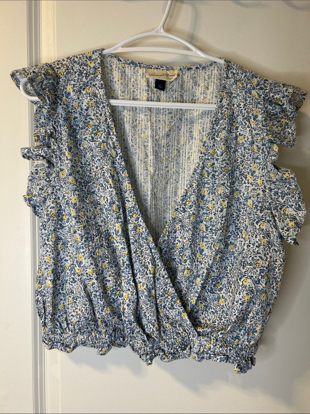 Universal Thread Blue and Yellow Floral Wrap-Style Ruffle Top